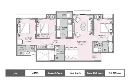 3 BHK-968 SqFt